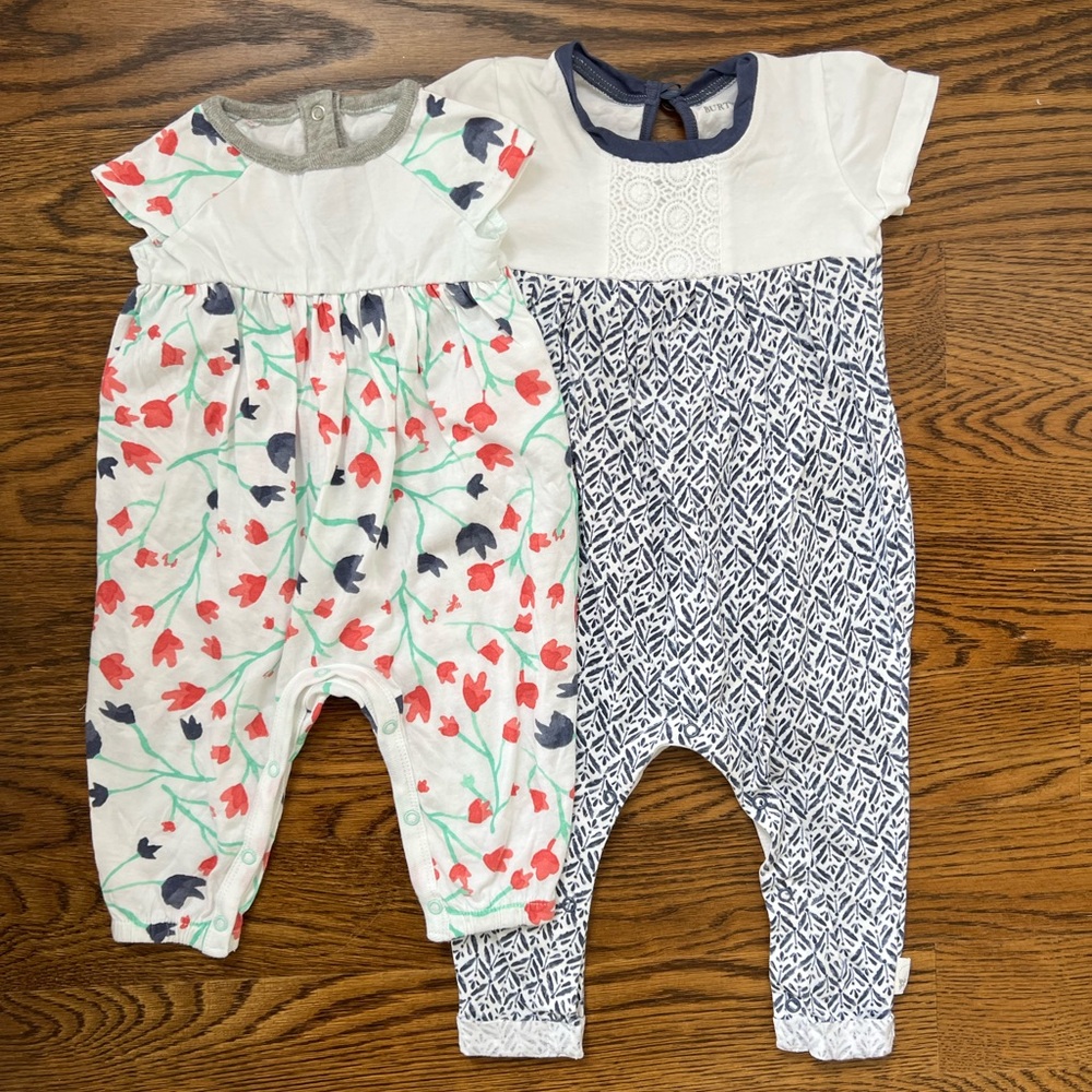 2 Burt's Bees Baby Jumpsuits 3-6/6-9 mo